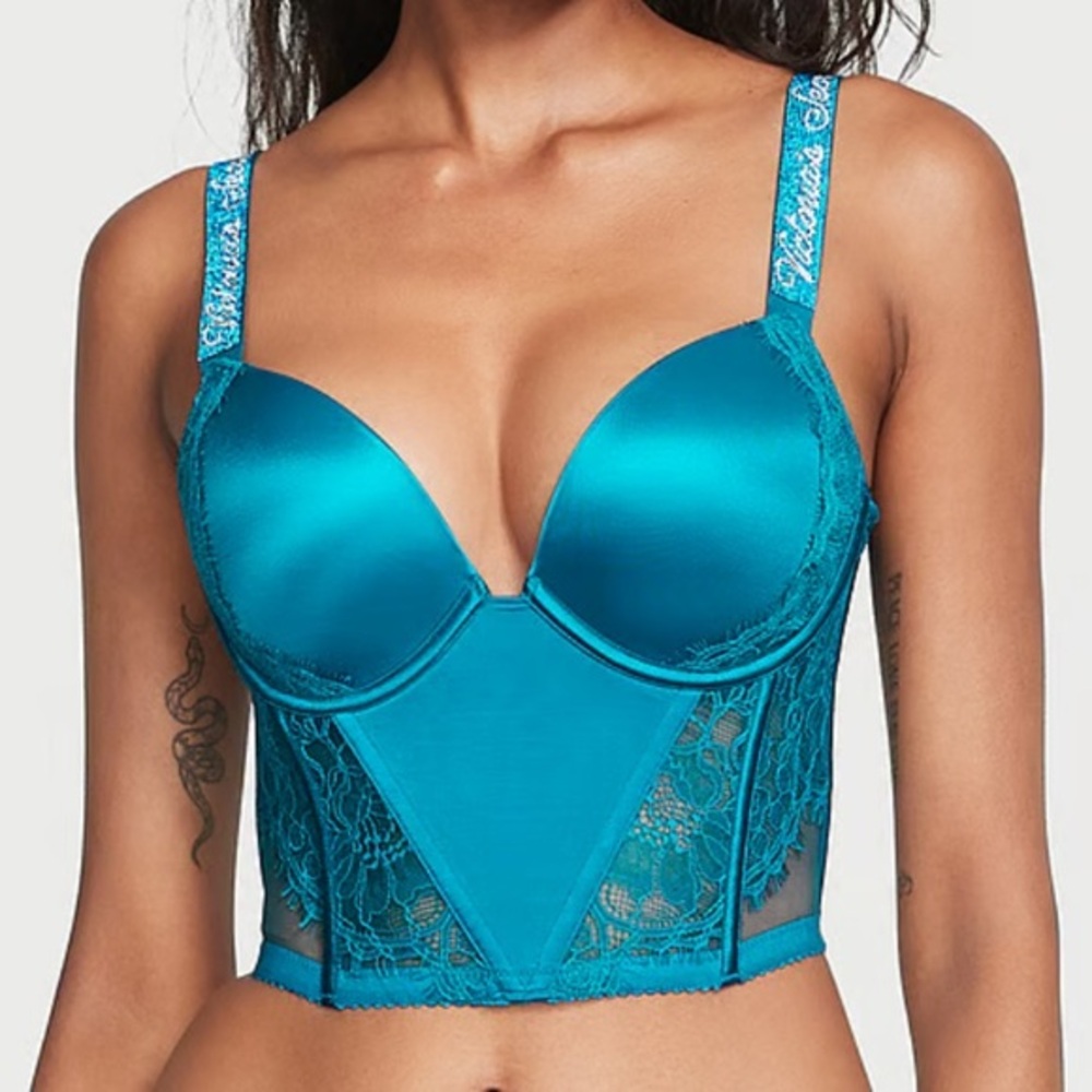 Victoria’s Secret Rhinestone Strap Lace Push Up Corset Top Ocean Blue 34B